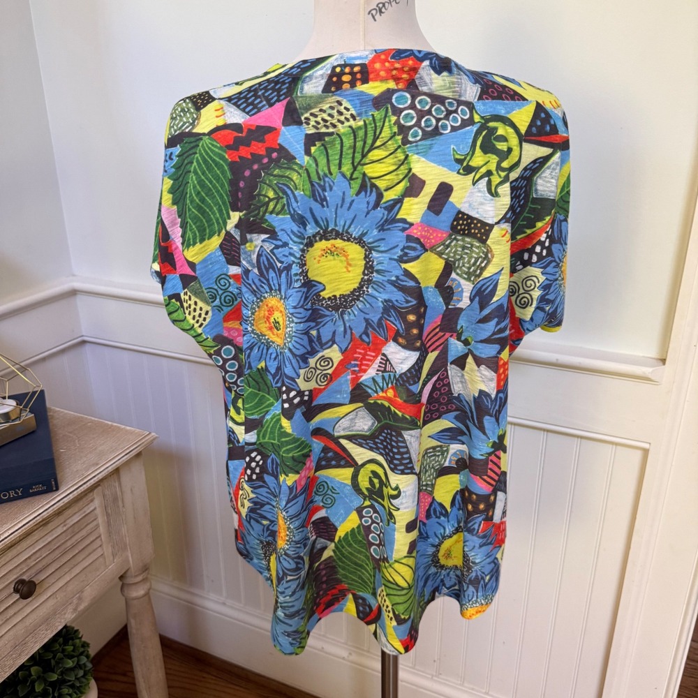 Jess & Jane Womens XL Abstract Floral Sunflower Slub Knit V-Neck Top Made in USA - Picture 3 of 7